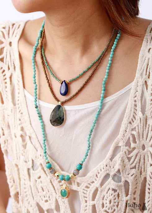 Boho Necklace, Mala Stone Beads Turquoise Gold
